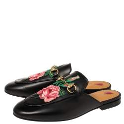 مملوكة مسبقًا Gucci Black Floral Embroidered Leather Horsebit Princetown Flat Mules Size 38