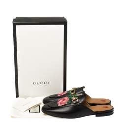 مملوكة مسبقًا Gucci Black Floral Embroidered Leather Horsebit Princetown Flat Mules Size 38