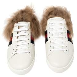مملوكة مسبقًا Gucci White Leather and Fur Ace Embroidered Bee Low Top Sneakers Size 37