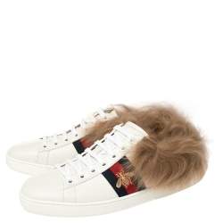 مملوكة مسبقًا Gucci White Leather and Fur Ace Embroidered Bee Low Top Sneakers Size 37