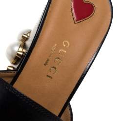 مملوكة مسبقًا حذاء مولز غوتشى ترصيعات لؤلؤ صناعى شريط ويب جى جى جلد ثعبان أسود مقاس 38