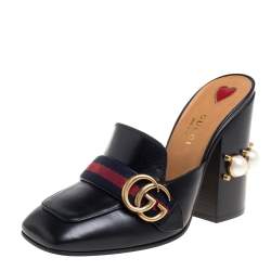 مملوكة مسبقًا حذاء مولز غوتشى ترصيعات لؤلؤ صناعى شريط ويب جى جى جلد ثعبان أسود مقاس 38