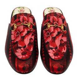 Pre Owned حذاء سلايد فلات غوتشي غاردن برينستون قماش أسود و أحمر مقاس 35