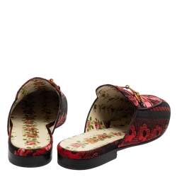 Pre Owned حذاء سلايد فلات غوتشي غاردن برينستون قماش أسود و أحمر مقاس 35