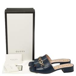 Pre Owned Gucci Blue Leather Zumi GG Interlocking Slide Sandals Size 38