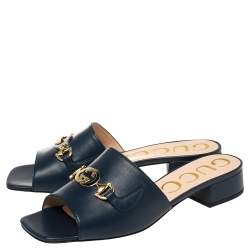 Pre Owned Gucci Blue Leather Zumi GG Interlocking Slide Sandals Size 38
