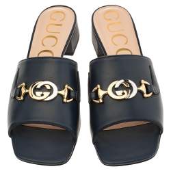 Pre Owned Gucci Blue Leather Zumi GG Interlocking Slide Sandals Size 38