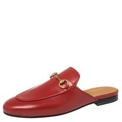 Gucci Red Leather Princetown Horsebit Flat Mules Size 37