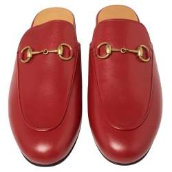 Gucci Red Leather Princetown Horsebit Flat Mules Size 37