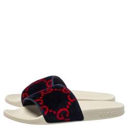 Pre Owned Gucci Navy Blue/Red GG Velvet Slide Sandals Size 38