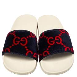 Pre Owned Gucci Navy Blue/Red GG Velvet Slide Sandals Size 38