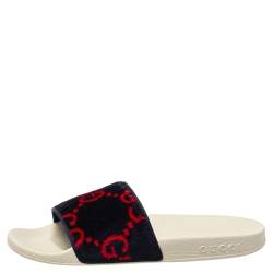 Pre Owned Gucci Navy Blue/Red GG Velvet Slide Sandals Size 38