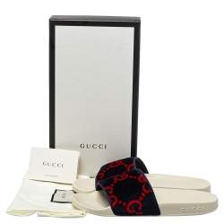 Pre Owned Gucci Navy Blue/Red GG Velvet Slide Sandals Size 38