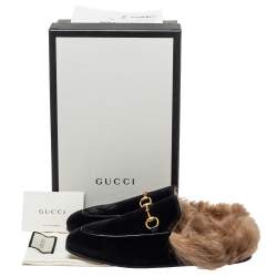 Pre Owned Gucci Black Velvet Fur Lined Princetown Horsebit Mules Size 39.5