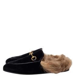 Pre Owned Gucci Black Velvet Fur Lined Princetown Horsebit Mules Size 39.5