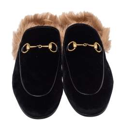 Pre Owned Gucci Black Velvet Fur Lined Princetown Horsebit Mules Size 39.5