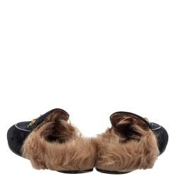 Pre Owned Gucci Black Velvet Fur Lined Princetown Horsebit Mules Size 39.5