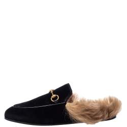 Pre Owned Gucci Black Velvet Fur Lined Princetown Horsebit Mules Size 39.5