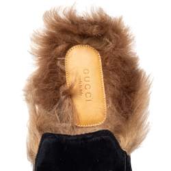 Pre Owned Gucci Black Velvet Fur Lined Princetown Horsebit Mules Size 39.5