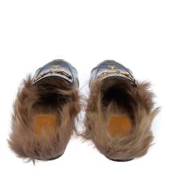 مملوكة مسبقًا Gucci Black Star And Bee Embroidered Leather Fur Lined Princetown Horsebit Mules Size 37
