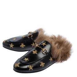 مملوكة مسبقًا Gucci Black Star And Bee Embroidered Leather Fur Lined Princetown Horsebit Mules Size 37