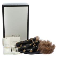 مملوكة مسبقًا Gucci Black Star And Bee Embroidered Leather Fur Lined Princetown Horsebit Mules Size 37