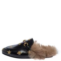 Gucci Black Star And Bee Embroidered Leather Fur Lined Princetown Horsebit Mules Size 37