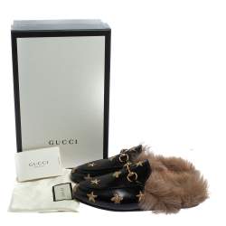 Gucci Black Star And Bee Embroidered Leather Fur Lined Princetown Horsebit Mules Size 37