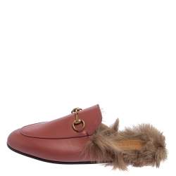 Pre Owned Gucci Pink Leather Fur Lined Princetownn Horsebit Mules Size 37