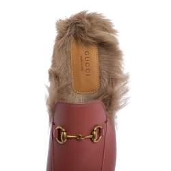 Pre Owned Gucci Pink Leather Fur Lined Princetownn Horsebit Mules Size 37