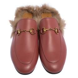 Pre Owned Gucci Pink Leather Fur Lined Princetownn Horsebit Mules Size 37