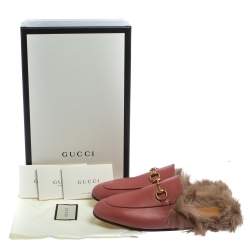 Pre Owned Gucci Pink Leather Fur Lined Princetownn Horsebit Mules Size 37
