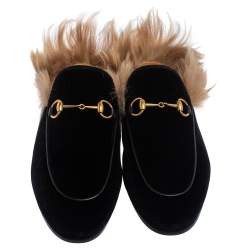 مملوكة مسبقًا حذاء سلايد غوتشي برينس تاون قطيفة سوداء مبطن فرو هورسبيت مقاس 38