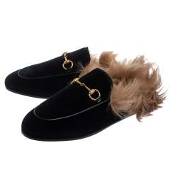 مملوكة مسبقًا حذاء سلايد غوتشي برينس تاون قطيفة سوداء مبطن فرو هورسبيت مقاس 38