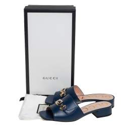 Pre Owned Gucci Blue Leather Zumi GG Interlocking Slide Sandals Size 36