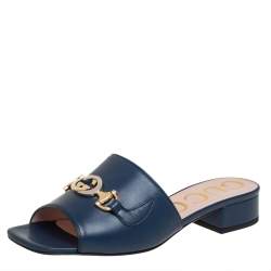 Pre Owned Gucci Blue Leather Zumi GG Interlocking Slide Sandals Size 36