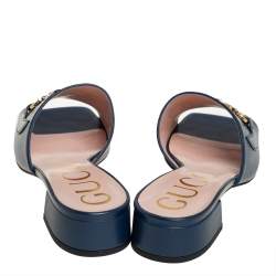 Pre Owned Gucci Blue Leather Zumi GG Interlocking Slide Sandals Size 36