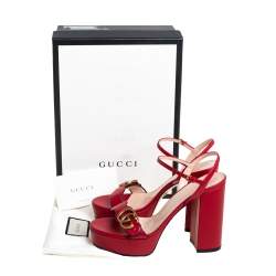 مملوكة مسبقًا Gucci Red Leather GG Marmont Block Heel Platform Ankle Strap Sandals Size 38.5