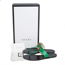 Pre Owned Gucci Green Leather GG Marmont Thong Flats Size 38.5