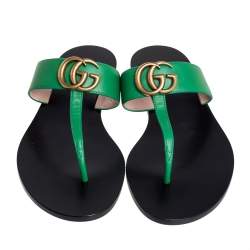 Pre Owned Gucci Green Leather GG Marmont Thong Flats Size 38.5