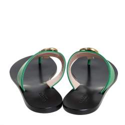Pre Owned Gucci Green Leather GG Marmont Thong Flats Size 38.5