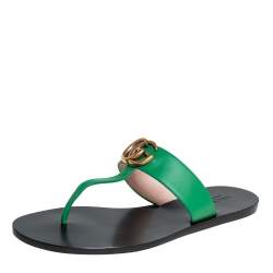 Pre Owned Gucci Green Leather GG Marmont Thong Flats Size 38.5