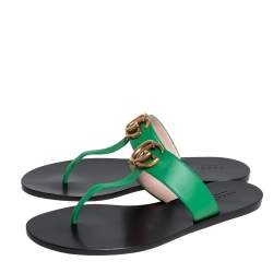 Pre Owned Gucci Green Leather GG Marmont Thong Flats Size 38.5