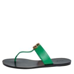 Pre Owned Gucci Green Leather GG Marmont Thong Flats Size 38.5