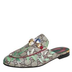 Pre Owned Gucci Multicolor GG Supreme Tian Print Canvas Princetown Horsebit Mules Size 37.5