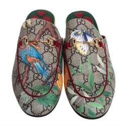 Pre Owned Gucci Multicolor GG Supreme Tian Print Canvas Princetown Horsebit Mules Size 37.5