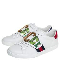 Pre Owned Gucci White Leather Sequin Embellished Ace Web Detail Low Top Sneakers Size 37.5