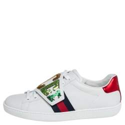 Pre Owned Gucci White Leather Sequin Embellished Ace Web Detail Low Top Sneakers Size 37.5
