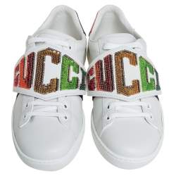 Pre Owned Gucci White Leather Sequin Embellished Ace Web Detail Low Top Sneakers Size 37.5