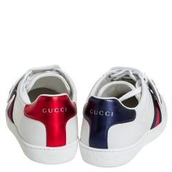 Pre Owned Gucci White Leather Sequin Embellished Ace Web Detail Low Top Sneakers Size 37.5